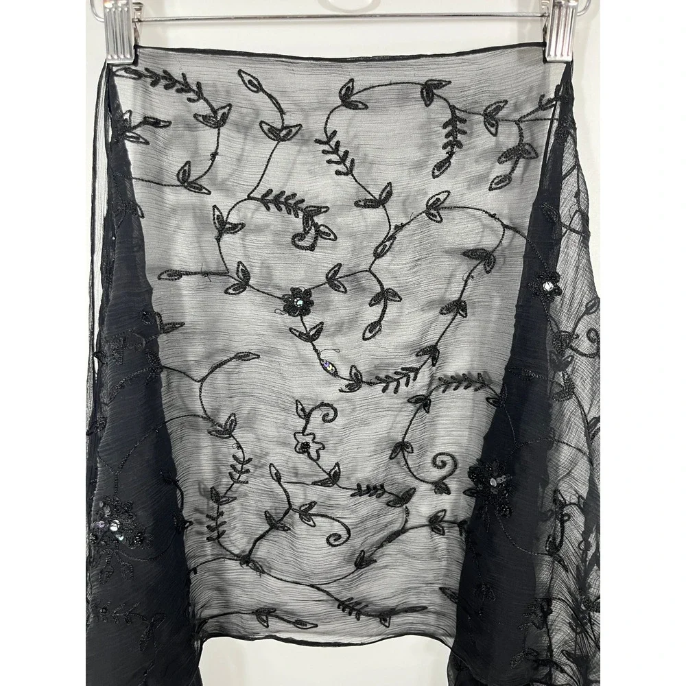 Womens Sheer Scarf Black Floral Embroidered Y2K Whimsigoth Dark Fairy Grunge